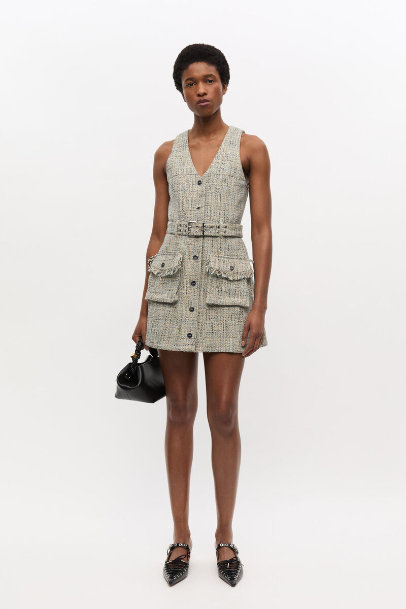 Tweed Sleeveless Belted Dress, Cotton, in colour Alaskan Blue - 1 - GANNI