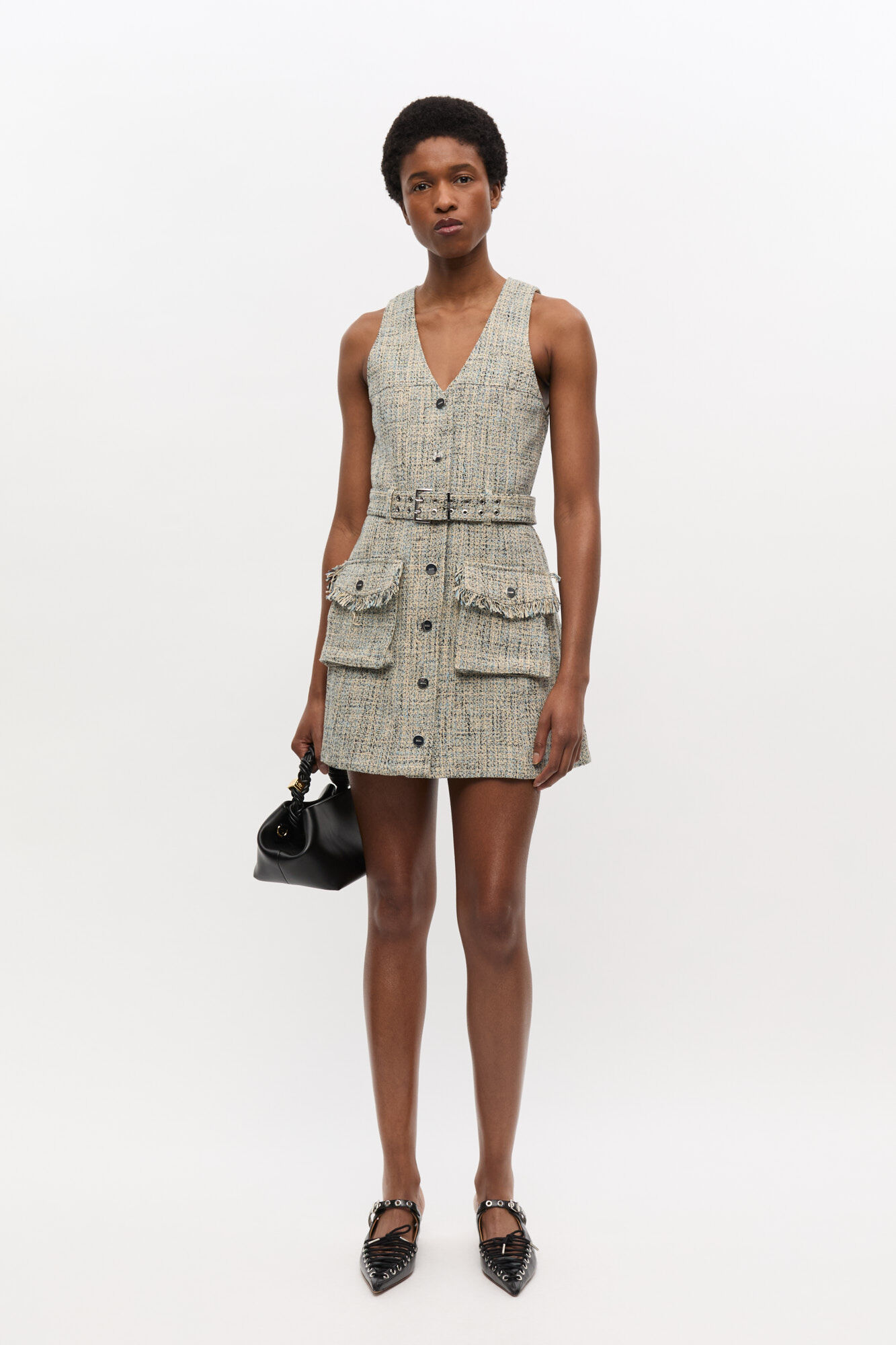 Tweed Sleeveless Belted Dress, Cotton, in colour Alaskan Blue - 1 - GANNI