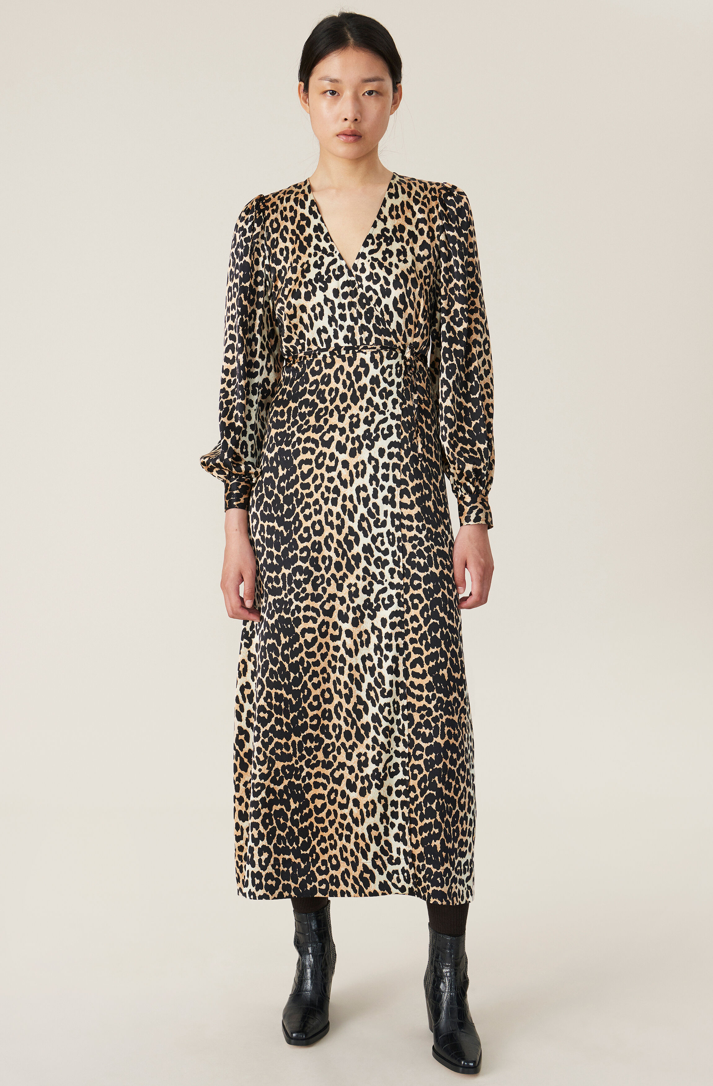 satin leopard wrap dress