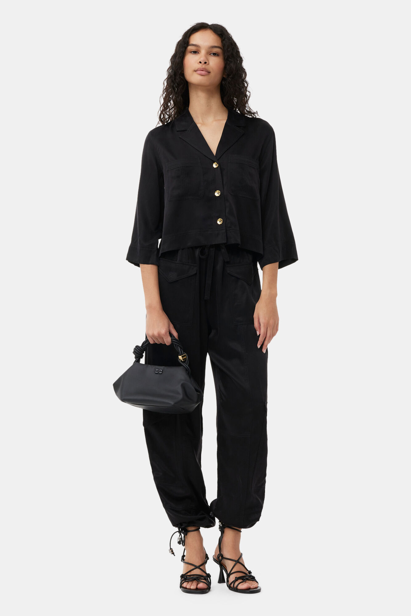 Black Washed Satin Pocket Trousers, Cupro, in colour Black - 4 - GANNI