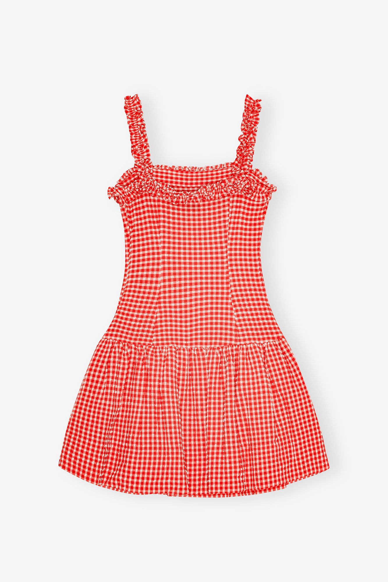 Red Stretch Seersucker Strap Ruffle Mini Dress, Elastane, in colour Racing Red - 2 - GANNI
