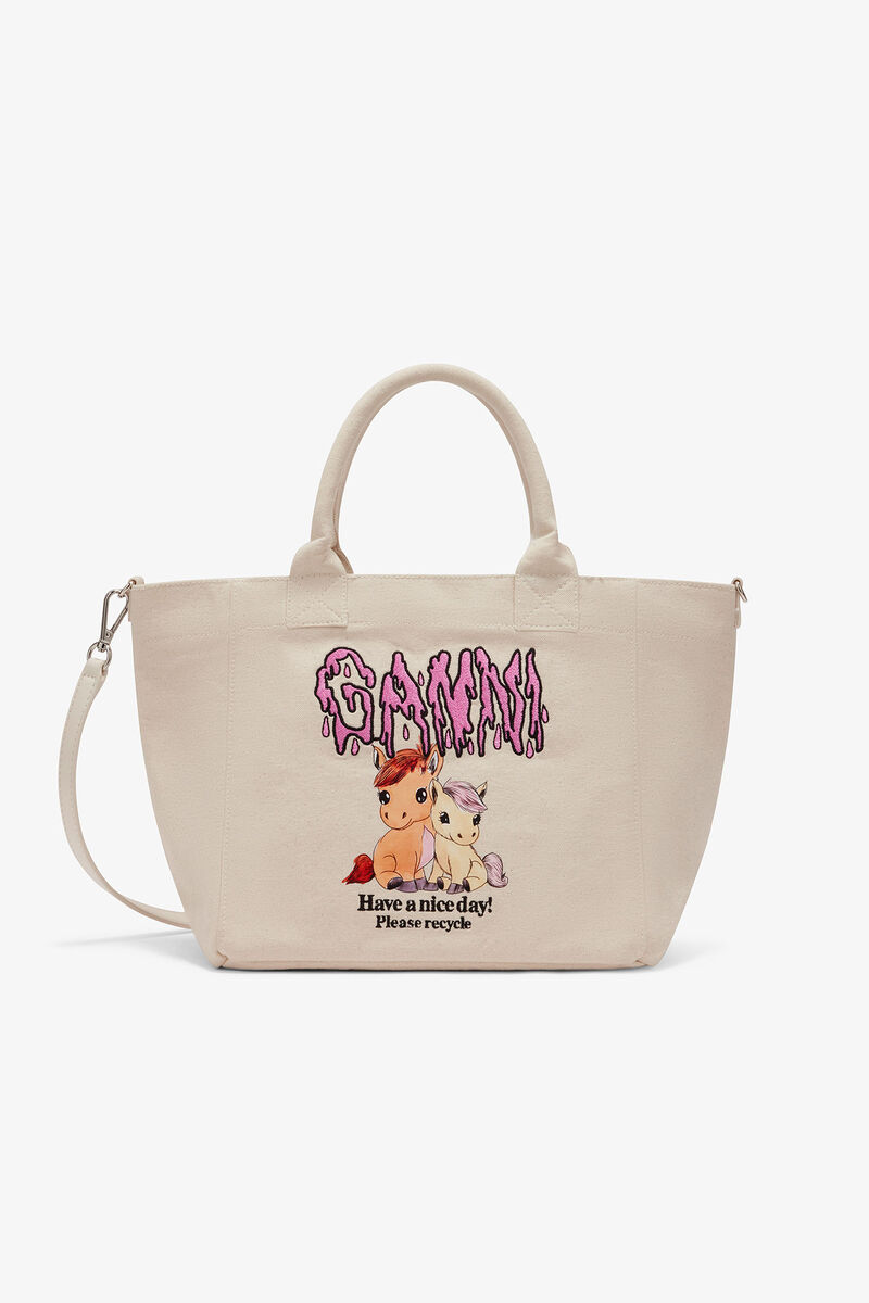 Small Easy Pony Printed Shopper, Recycled Cotton, in colour Egret - 1 - GANNI