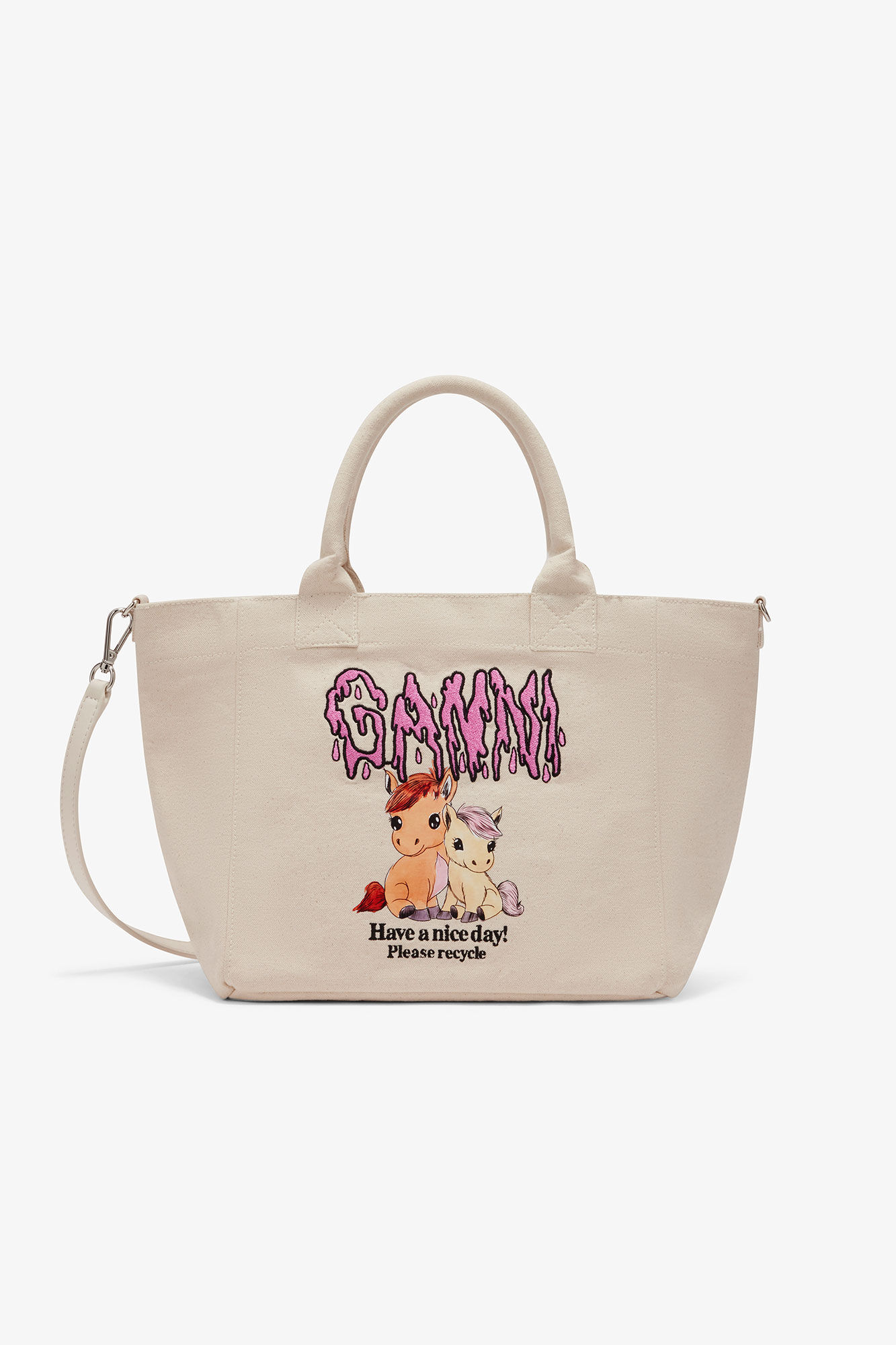 Small Easy Pony Printed Shopper, Recycled Cotton, in colour Egret - 1 - GANNI