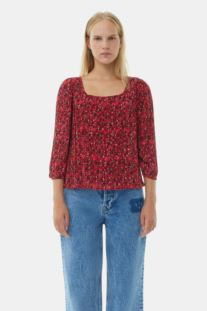 Red Pleated Georgette Blouse, Racing Red