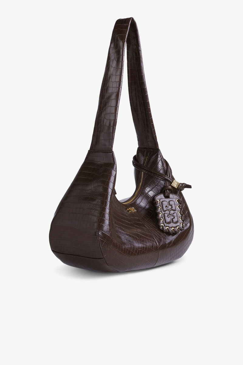 Brown Croco Medium Hobo Bag, Lyocell, in colour Chocolate Fondant - 2 - GANNI