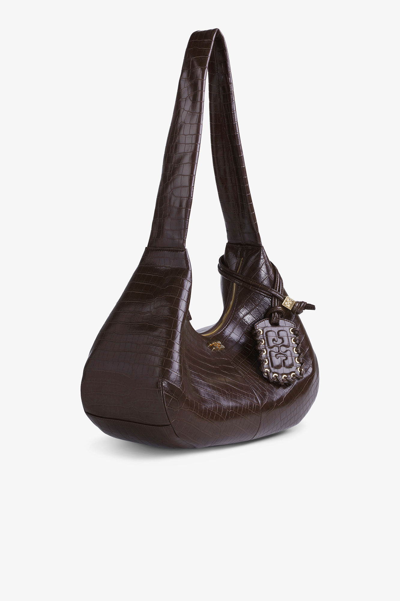 Brown Croco Medium Hobo Bag, Lyocell, in colour Chocolate Fondant - 2 - GANNI