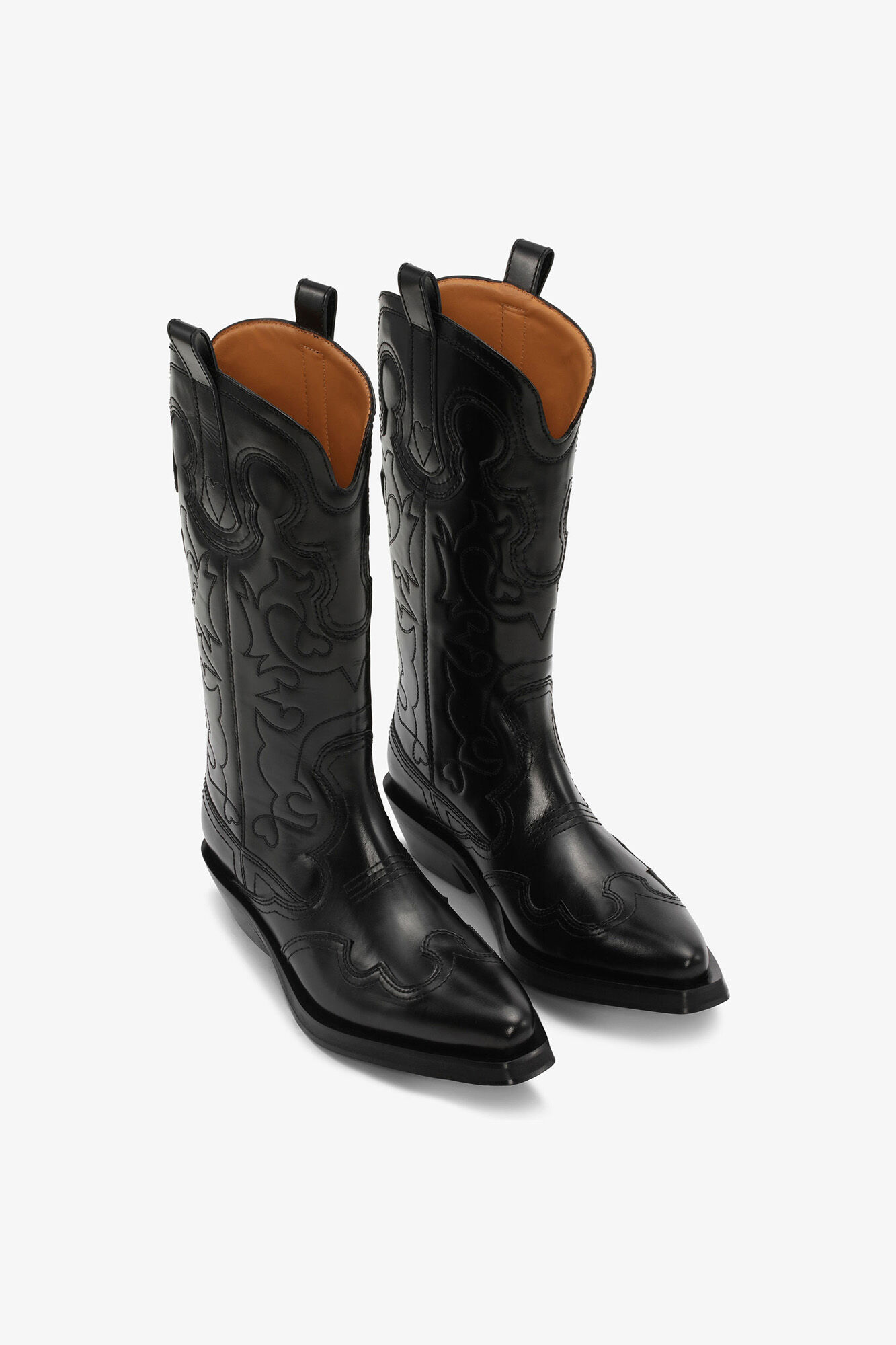 Mid Shaft Embroidered Western Boots in Black, Recycled Leather, in colour Black/Black - 2 - GANNI