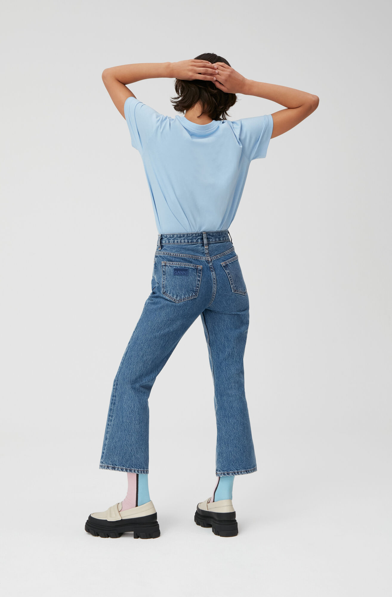 Basic Jersey Flower Smiley Print O-neck Relaxed T-shirt, Cotton, in colour Placid Blue - 3 - GANNI