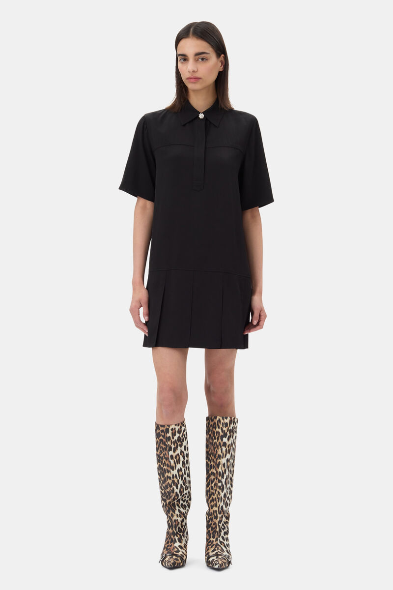 Black Viscose Twill Mini Dress, LENZING™ ECOVERO™, in colour Black - 1 - GANNI