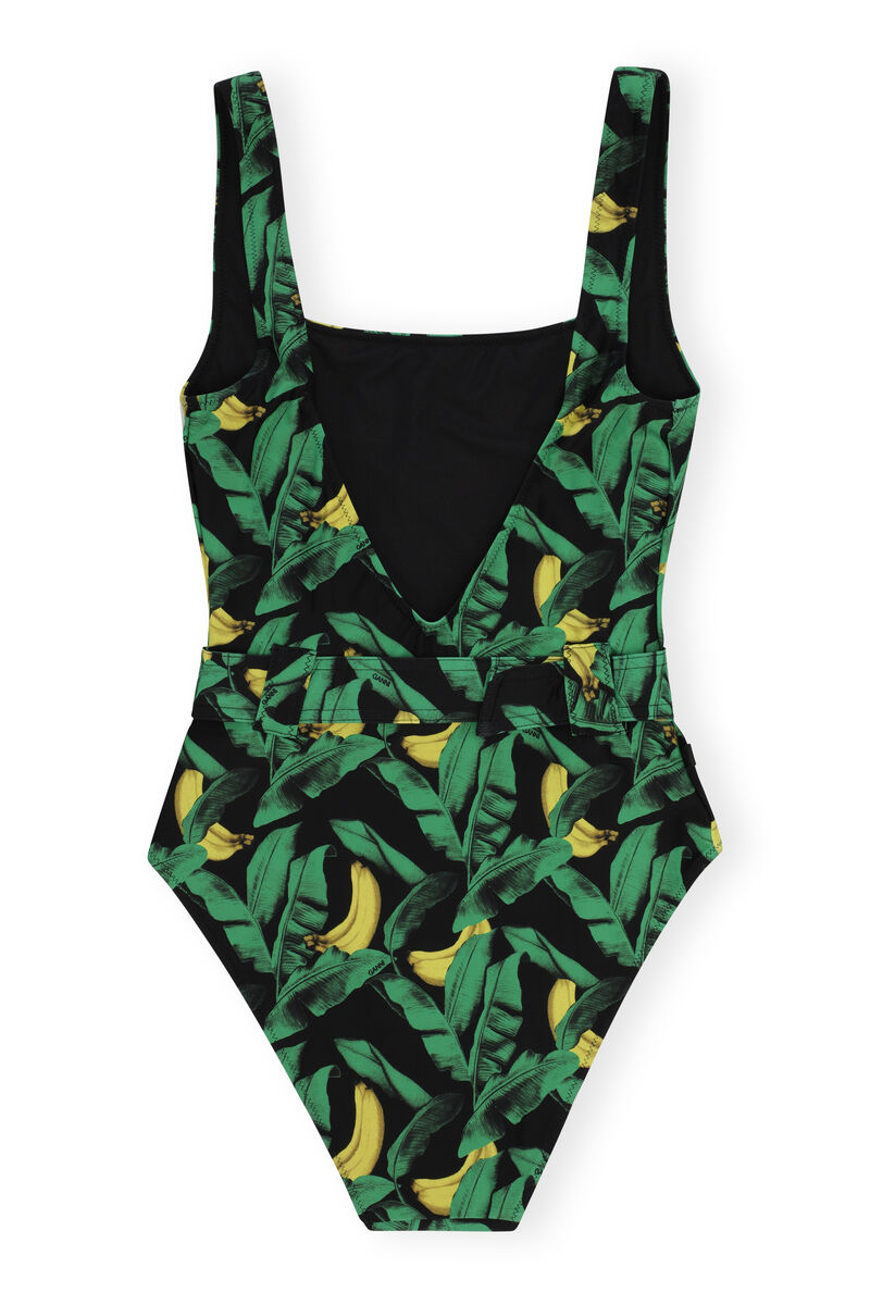 Einteiliger Badeanzug mit Gürtel, Elastane, in colour Banana Tree Black - 2 - GANNI