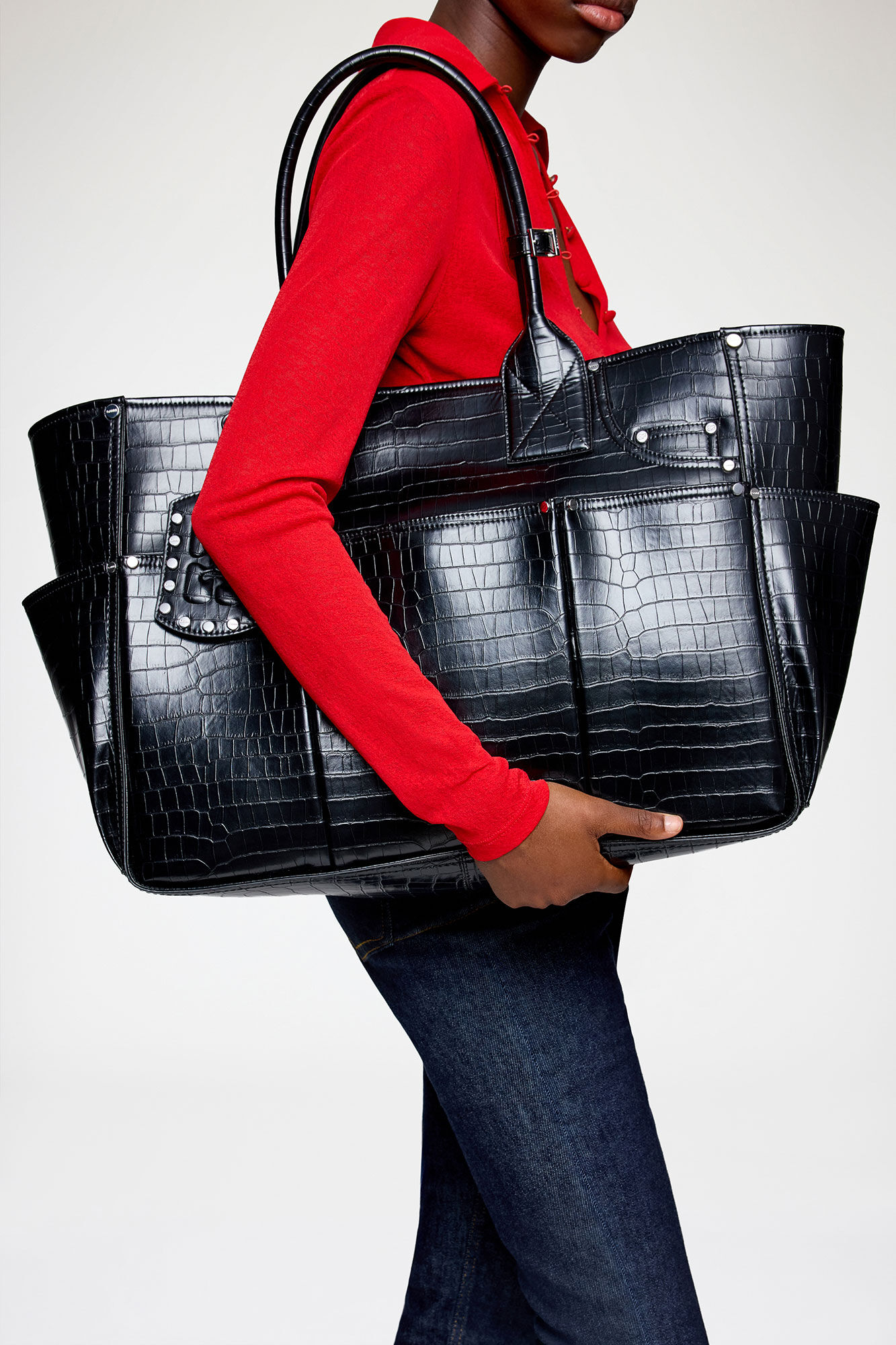 Posy Bag in Black Croco, Recycled Leather, in colour Black - 1 - GANNI