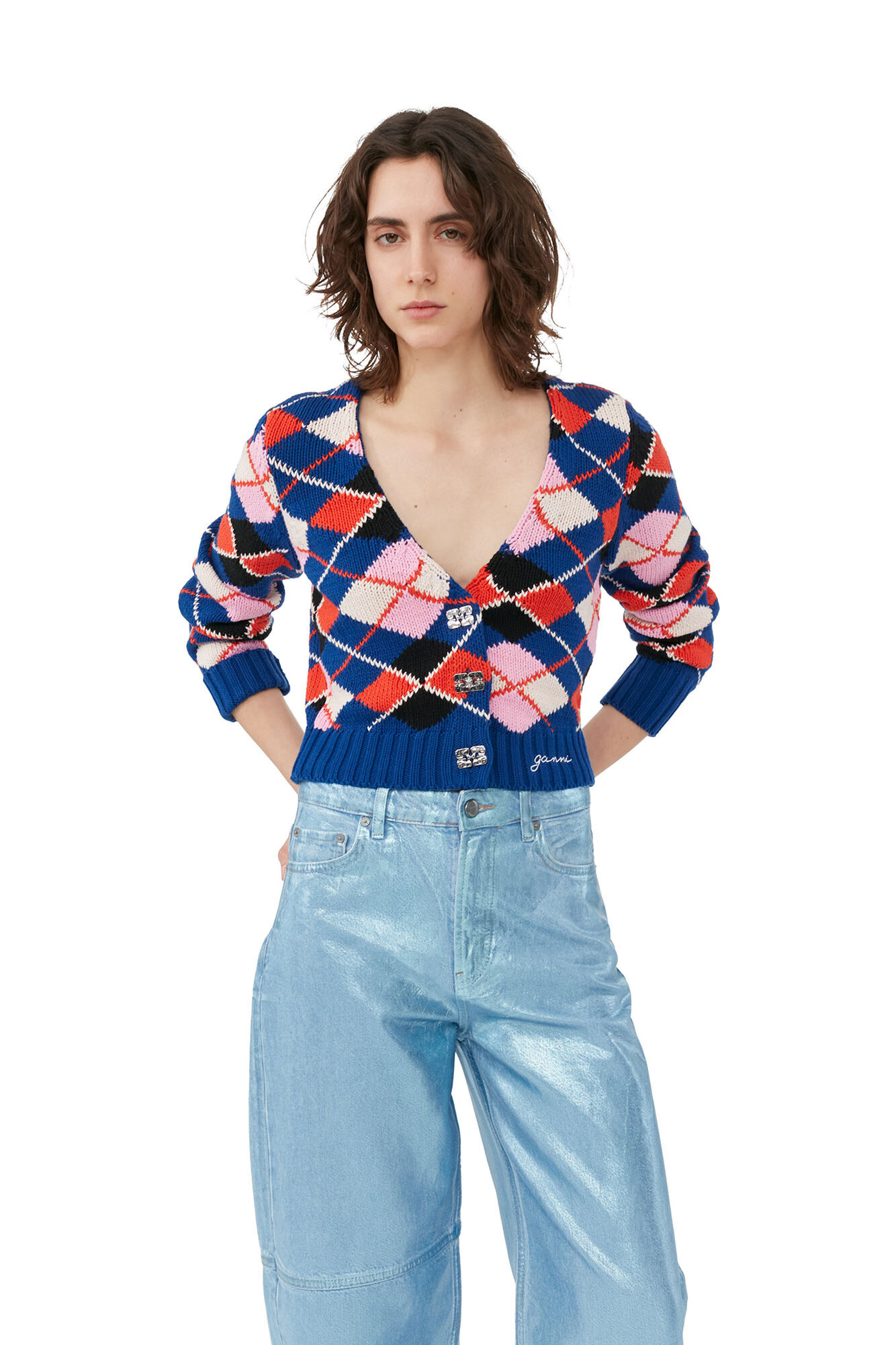 Graphic Cotton V-neck Cardigan, Cotton, in colour Sodalite Blue - 4 - GANNI