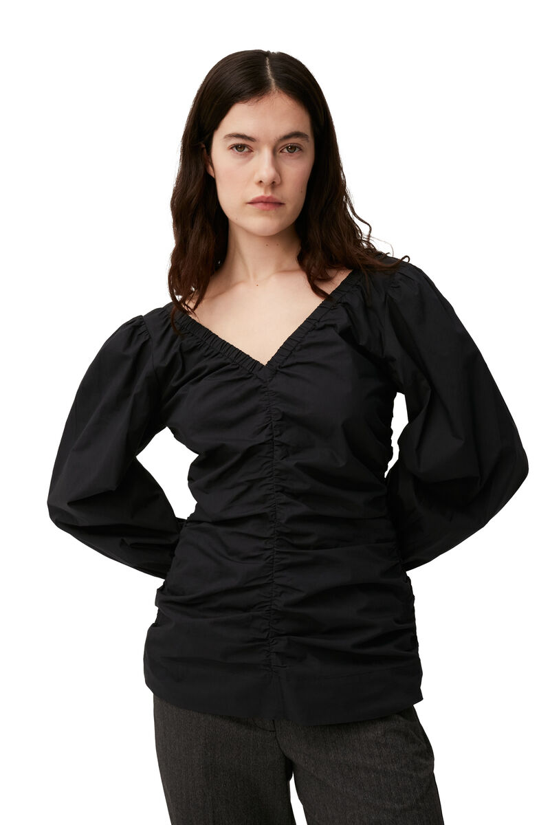 Cotton Poplin V-neck Blouse, Cotton, in colour Black - 3 - GANNI