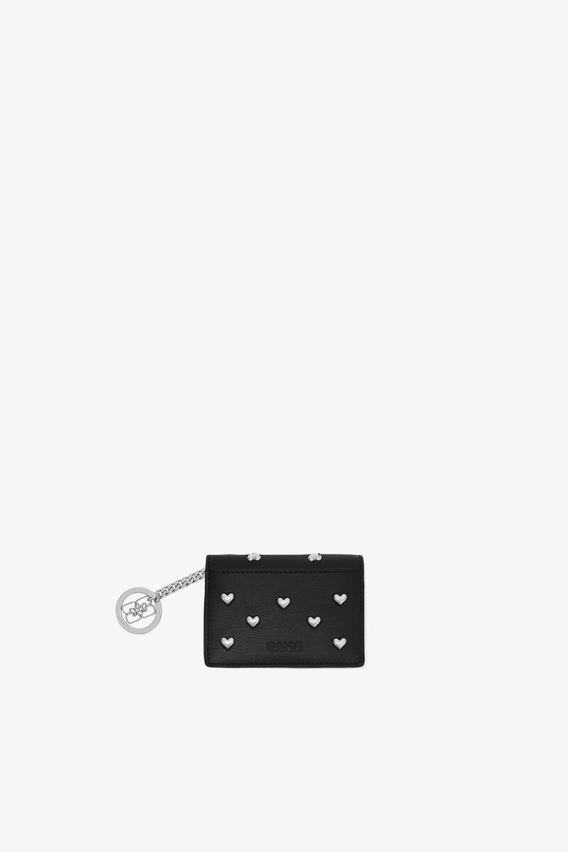 Bou Card Holder With Flap in Black Studs, Recycled Leather, in colour Black - 2 - GANNI