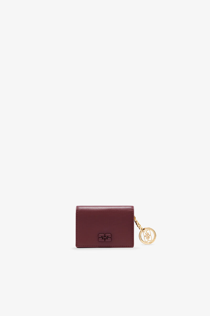 Bou Card Holder With Flap in Burgundy, Recycled Leather, in colour Burgundy - 1 - GANNI
