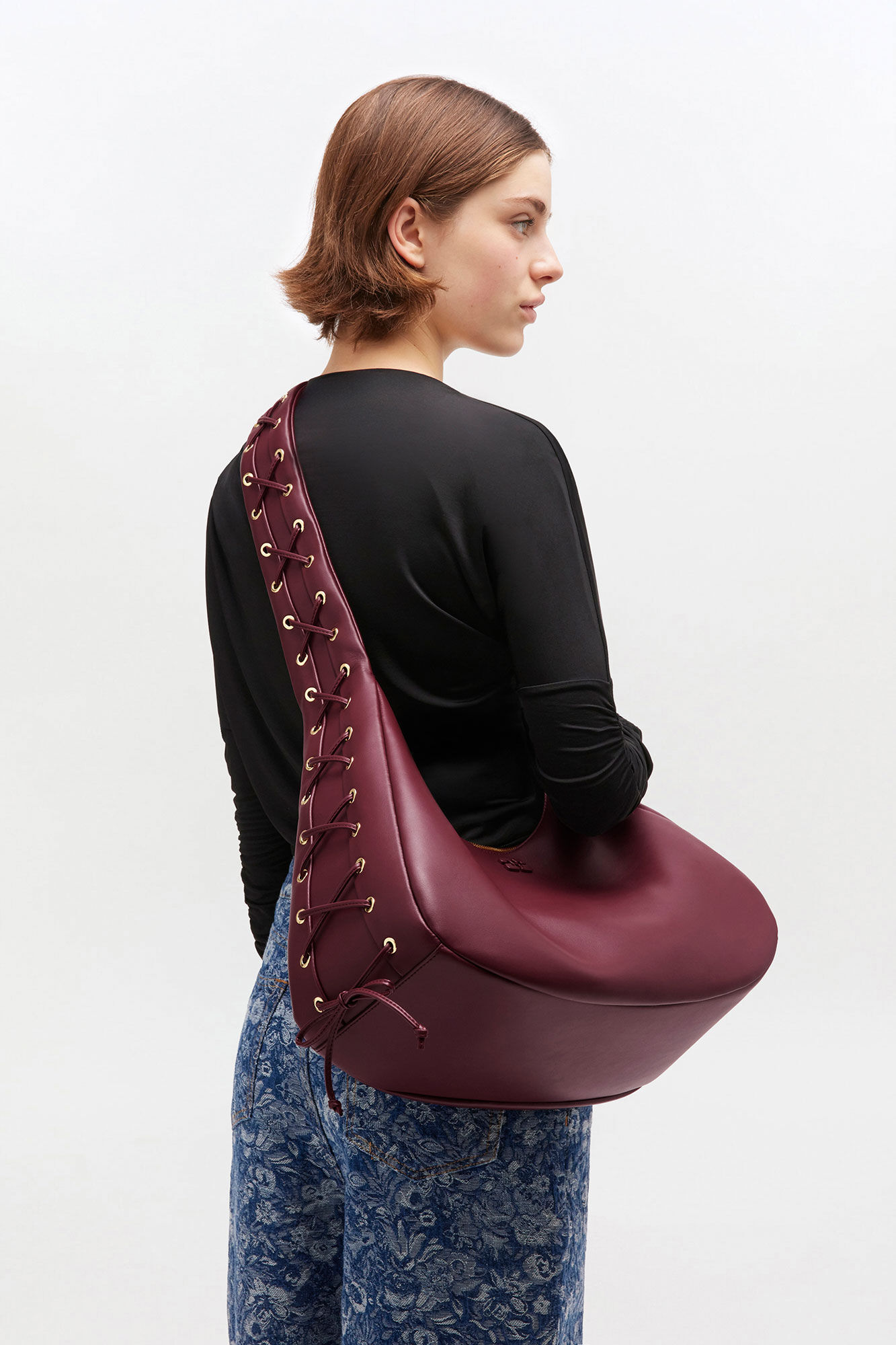 Burgundy Medium Laces Hobo Bag, Polyester, in colour Burgundy - 4 - GANNI