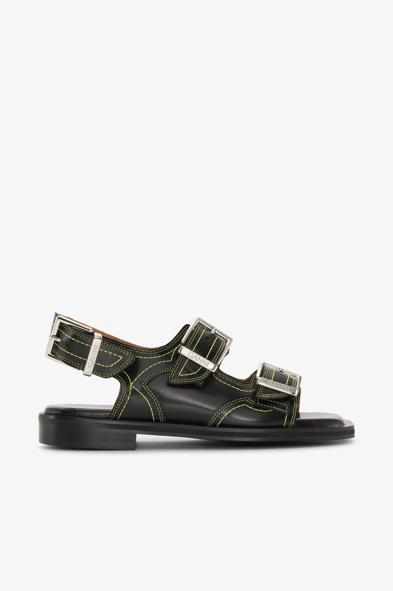 Embroidered Western Sandals, Calf Leather, in colour Black/Yellow - 1 - GANNI