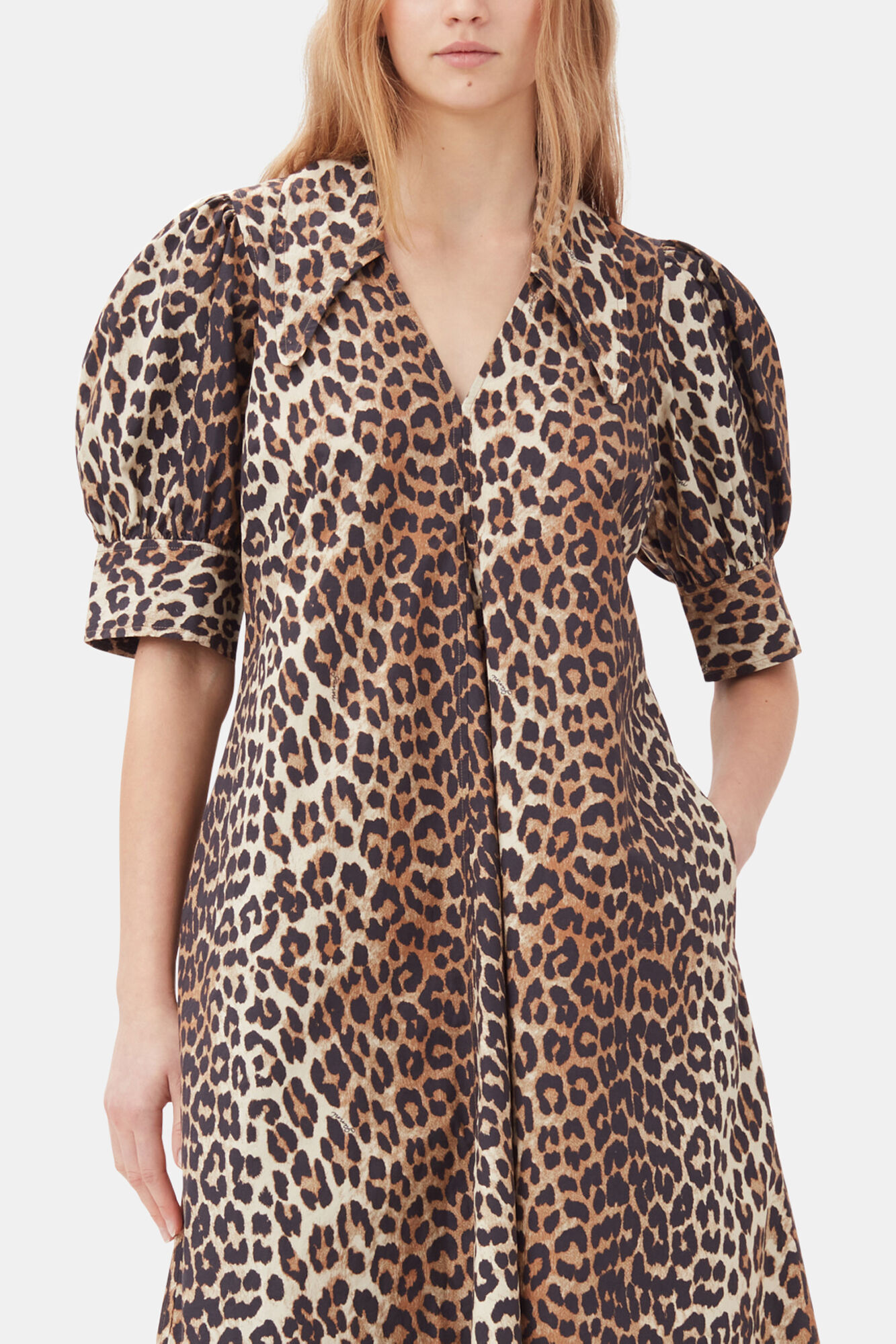 Leopard Cotton Poplin V-neck Maxi Dress | GANNI US