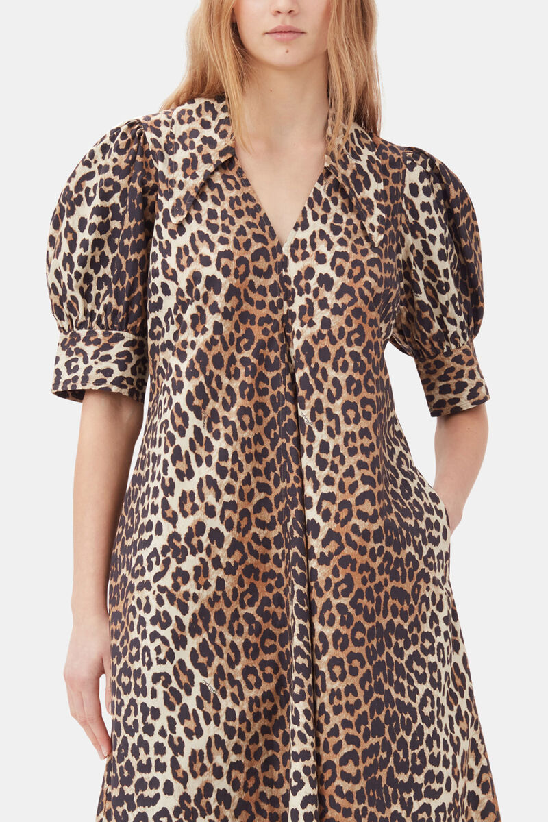 Leopard Cotton Poplin V-neck Maxi Dress, Organic Cotton, in colour Leopard - 2 - GANNI