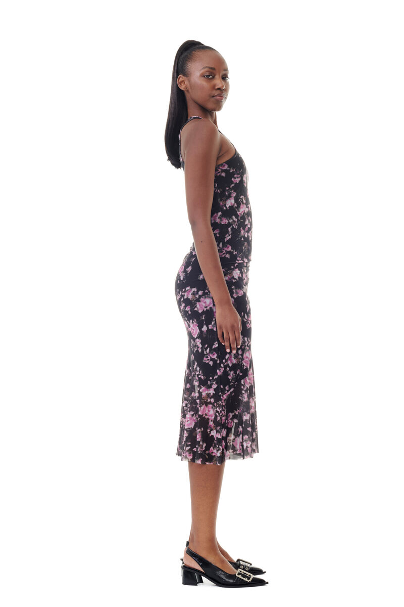 Black Floral Printed Mesh Sleeveless Midi Dress, Recycled Nylon, in colour Phantom - 3 - GANNI