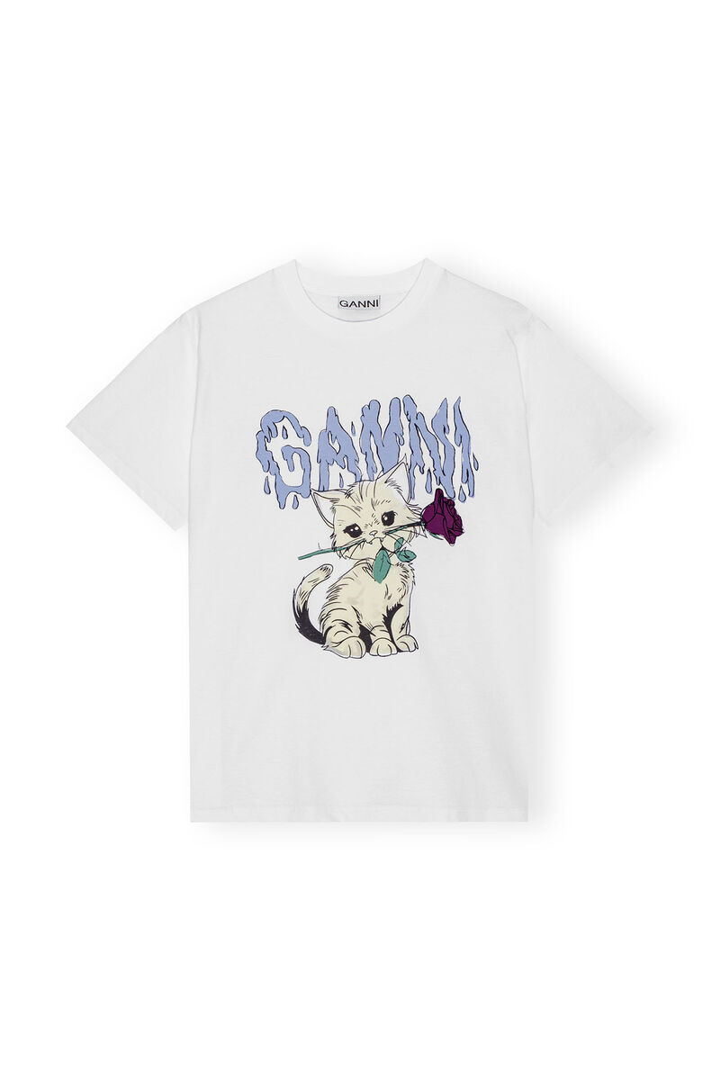 Relaxed Cat T-shirt, Cotton, in colour Bright White - 1 - GANNI