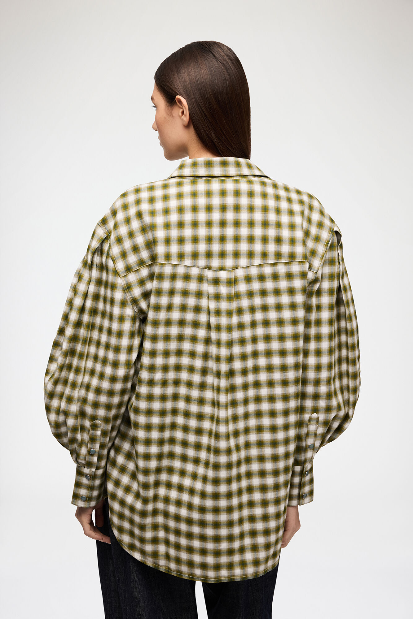 Shirt in Light Check Flannel, Organic Cotton, in colour Green Moss - 3 - GANNI