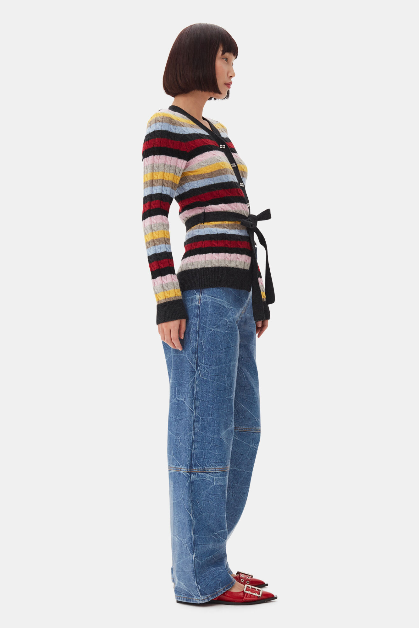 Multicolour Stripe Belt Cardigan, Recycled Polyamide, in colour Multicolour - 3 - GANNI