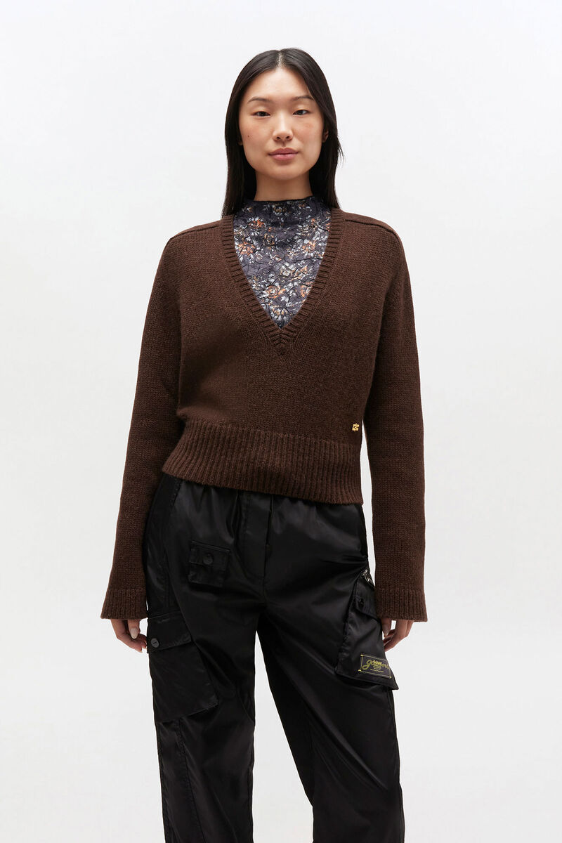 Brown V-neck Jumper, Wool, in colour Shaved Chocolate - 1 - GANNI
