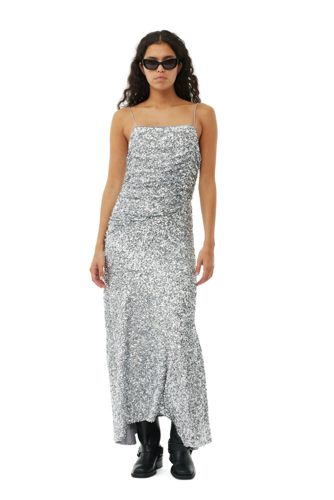 GANNI 3D Sequins Long Slip Dress,Silver