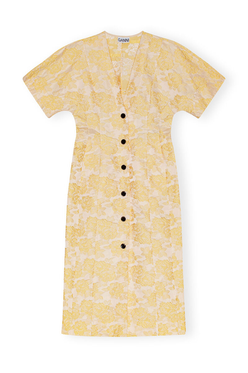 Yellow Botanical Jacquard Midi Dress, Polyamide, in colour Flan - 1 - GANNI