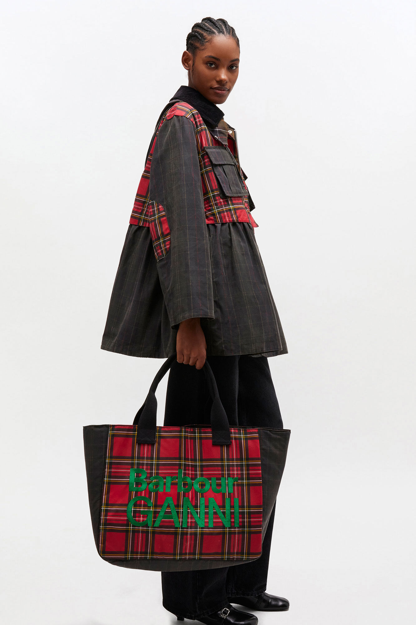Red Tartan Tote, Cotton, in colour Dark Green - 2 - GANNI