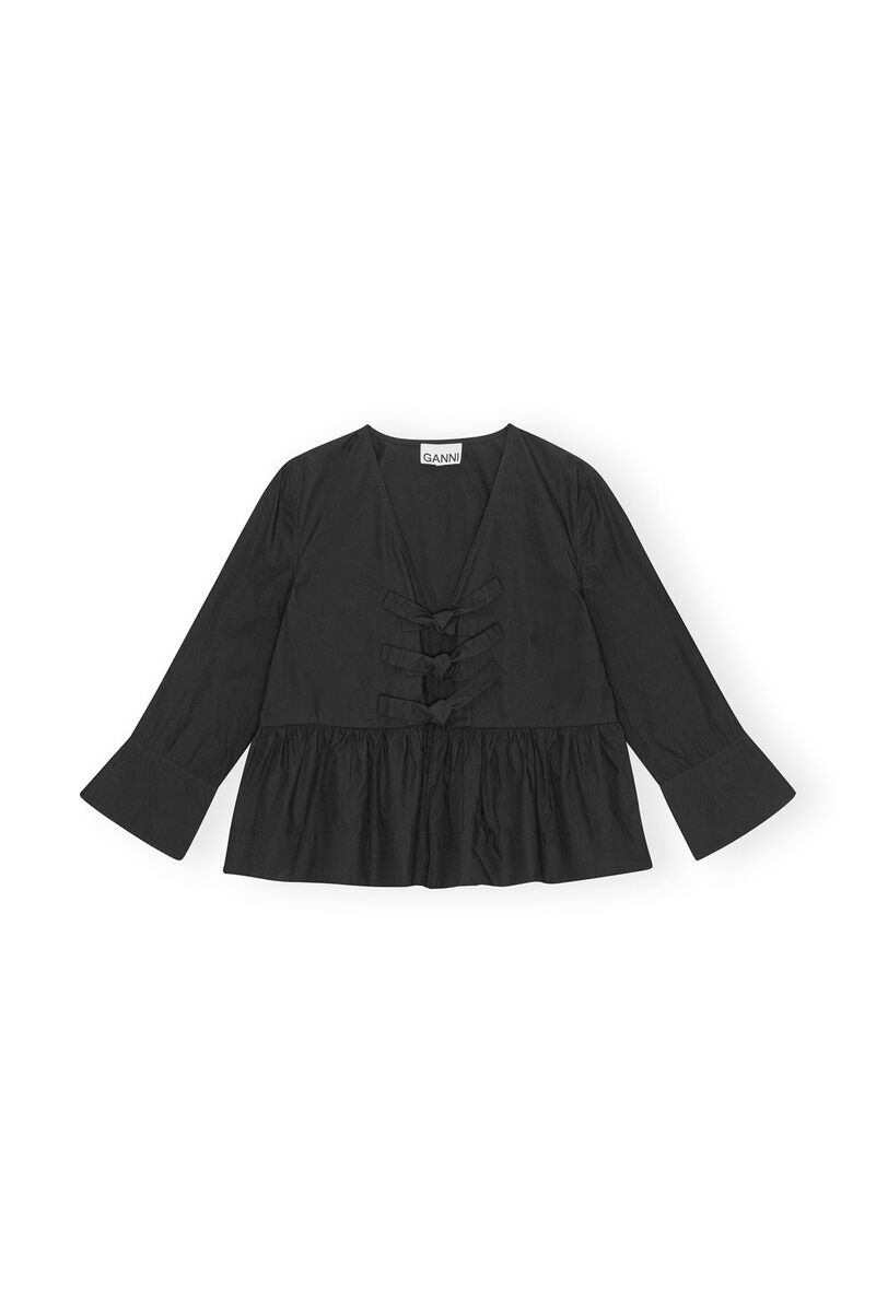 Black Cotton Poplin Tie String Peplum Bluse, Cotton, in colour Black - 1 - GANNI