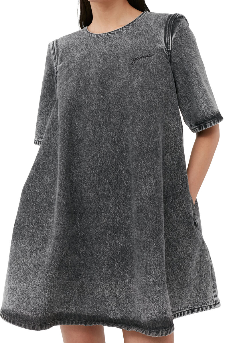 Snow Washed Denim A-line Mini Dress, Cotton, in colour Black Washed - 4 - GANNI