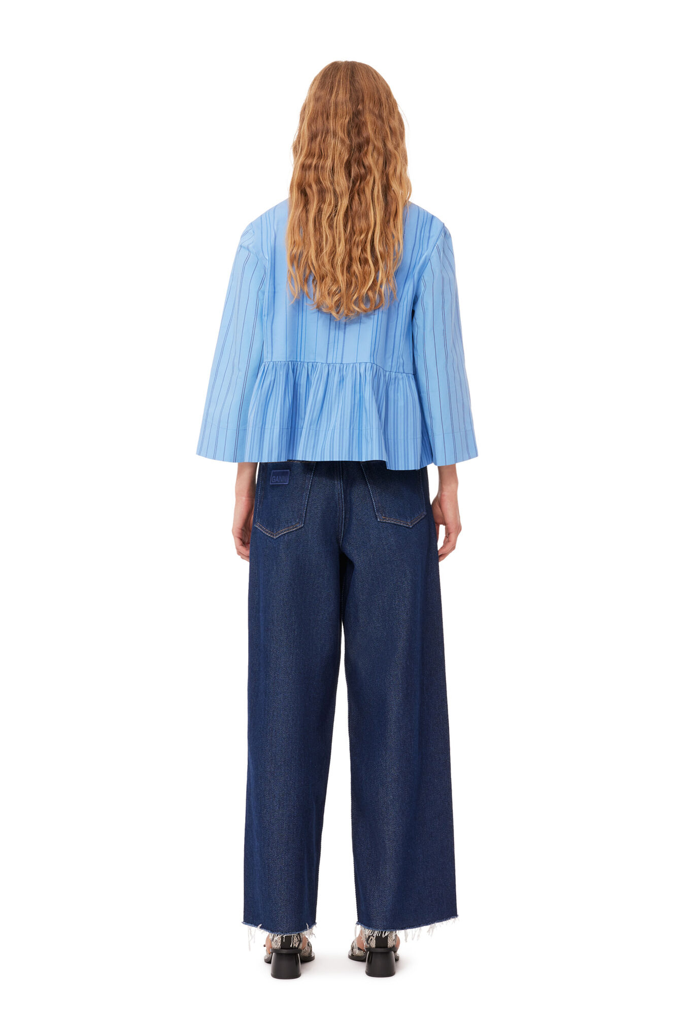 Re-cut Striped Cotton Peplum Blouse, Cotton, in colour Silver Lake Blue - 3 - GANNI