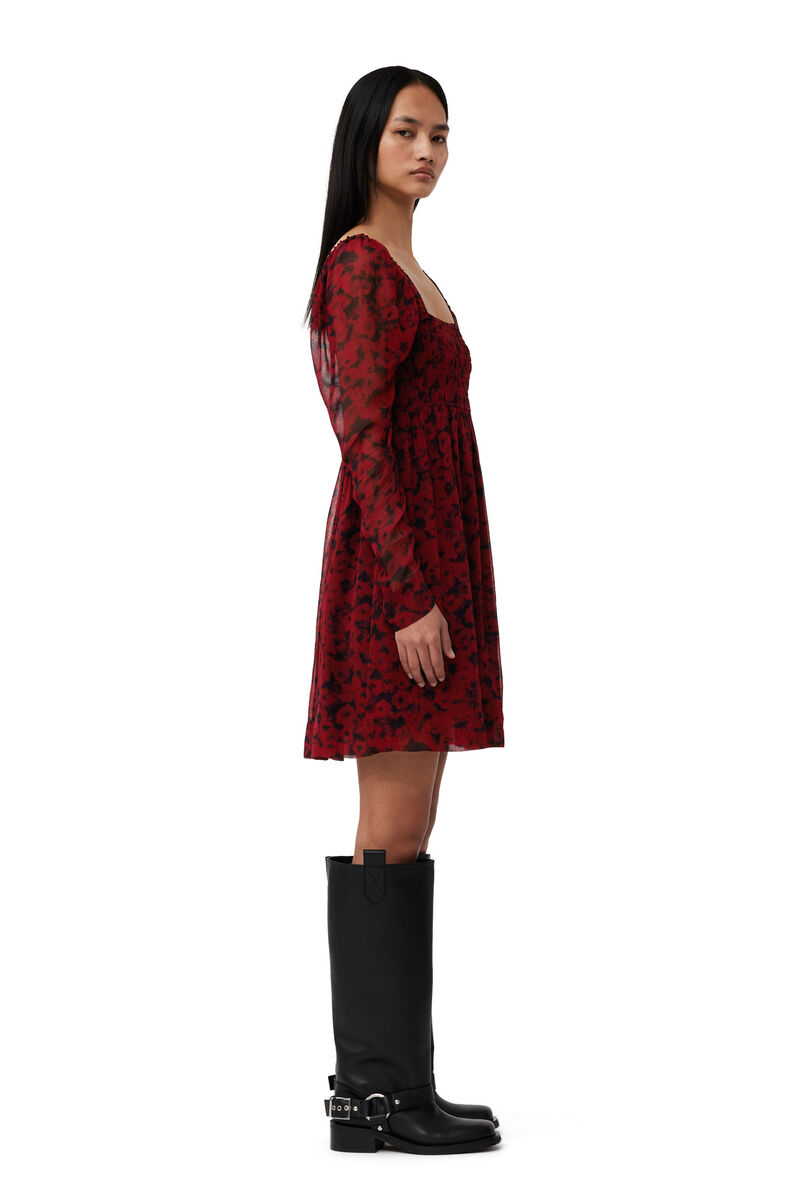 Red Printed Georgette Mini Dress, Viscose, in colour Syrah - 3 - GANNI