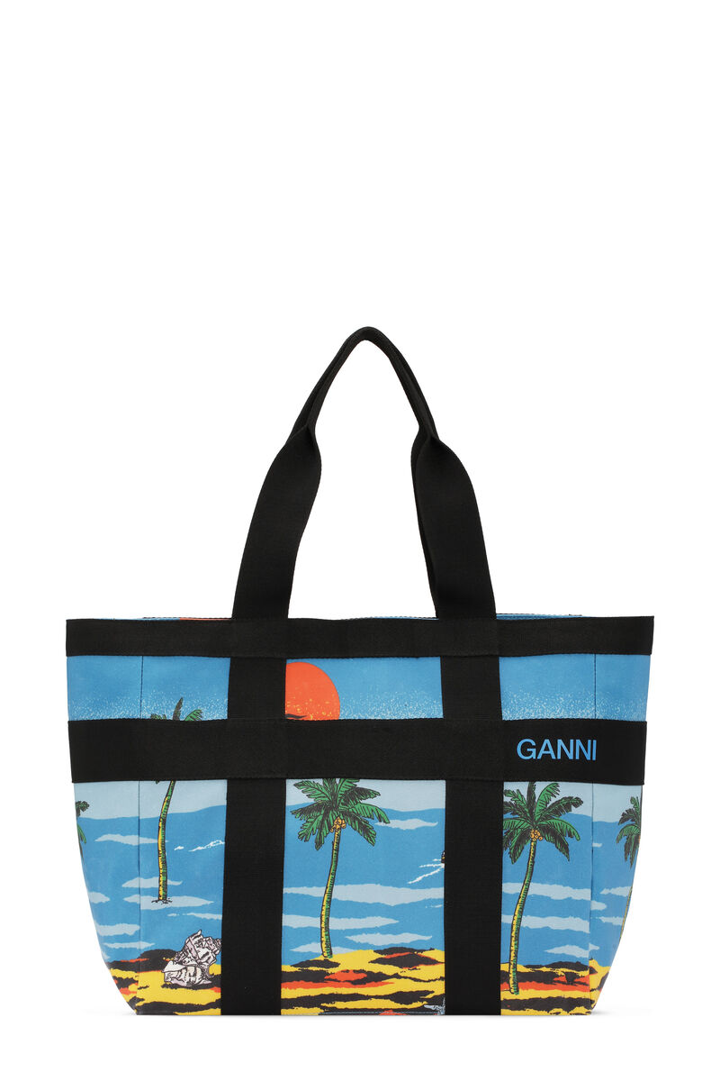East West Canvas Tote Bag, Cotton, in colour Palm Beach Cloisonne - 1 - GANNI