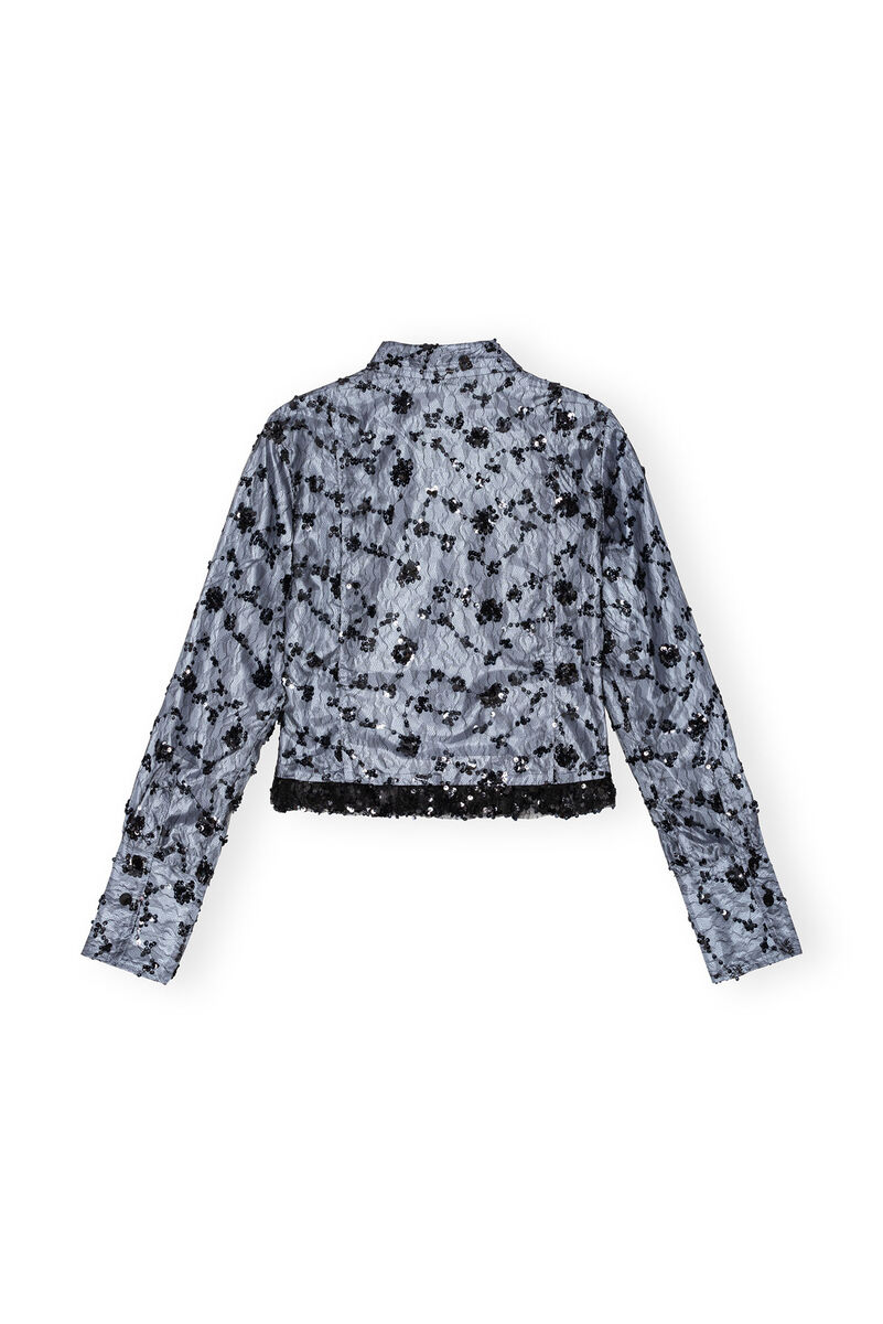 Blue Sequin Lace Cropped Shirt, Recycled Polyester, in colour Heather - 2 - GANNI
