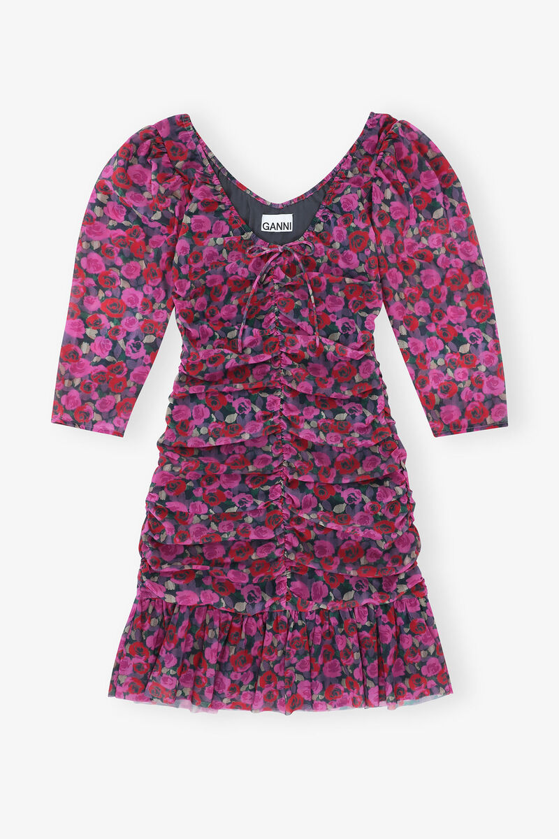 Floral Mesh Flounce Ruched Mini Dress, Recycled Nylon, in colour Fiji Flower - 1 - GANNI