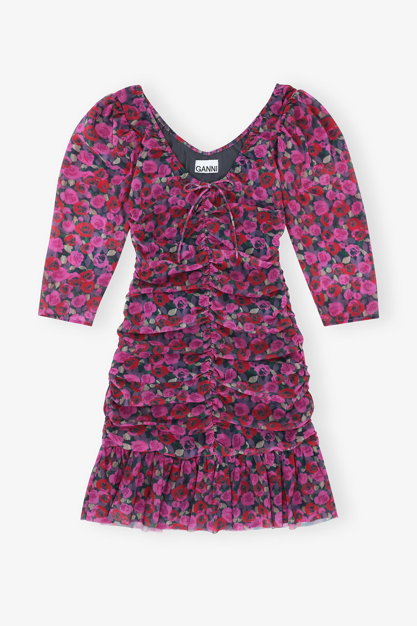 Blommig Mesh Volang Rynkad Mini Klänning, Recycled Nylon, in colour Fiji Flower - 1 - GANNI