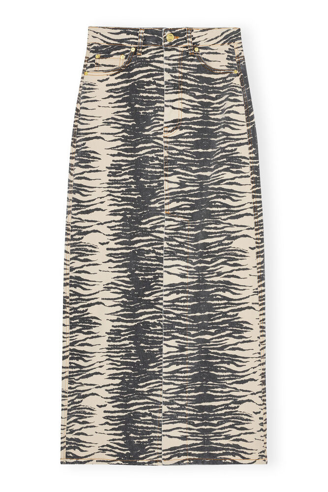 Print Denim Maxi Slit Skirt, Oyster Gray