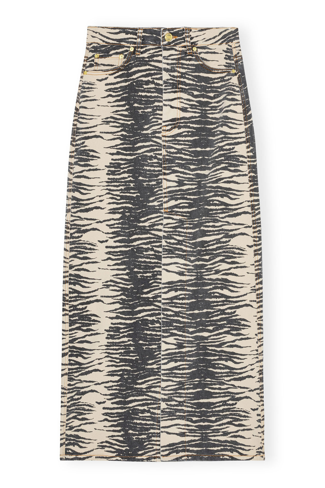 Print Denim Maxi Slit Skirt, Organic Cotton, in colour Oyster Gray - 1 - GANNI