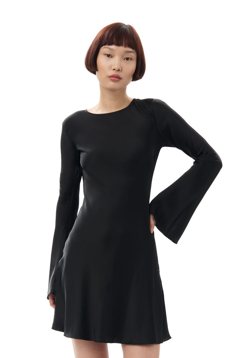Black Solid Satin Mini-kjole, in colour Black - 2 - GANNI