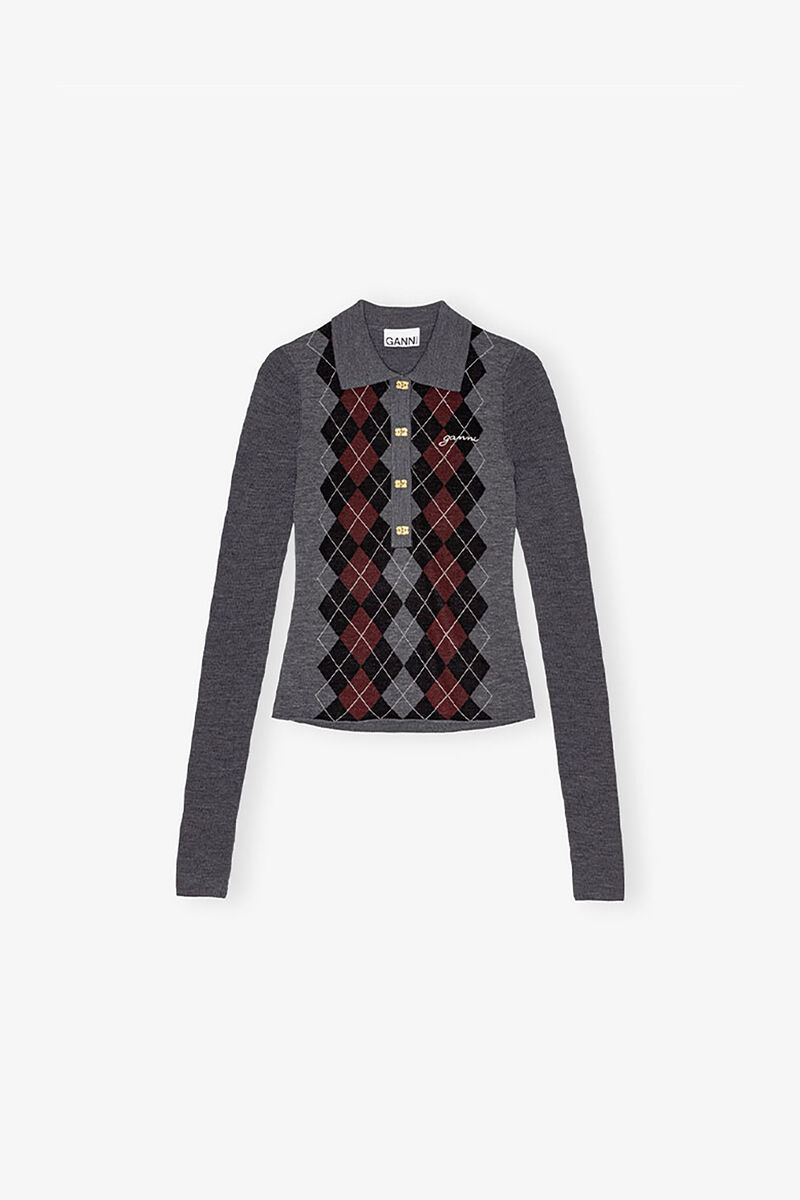 Grey Knitted Polo Shirt, Merino Wool, in colour Frost Gray - 1 - GANNI