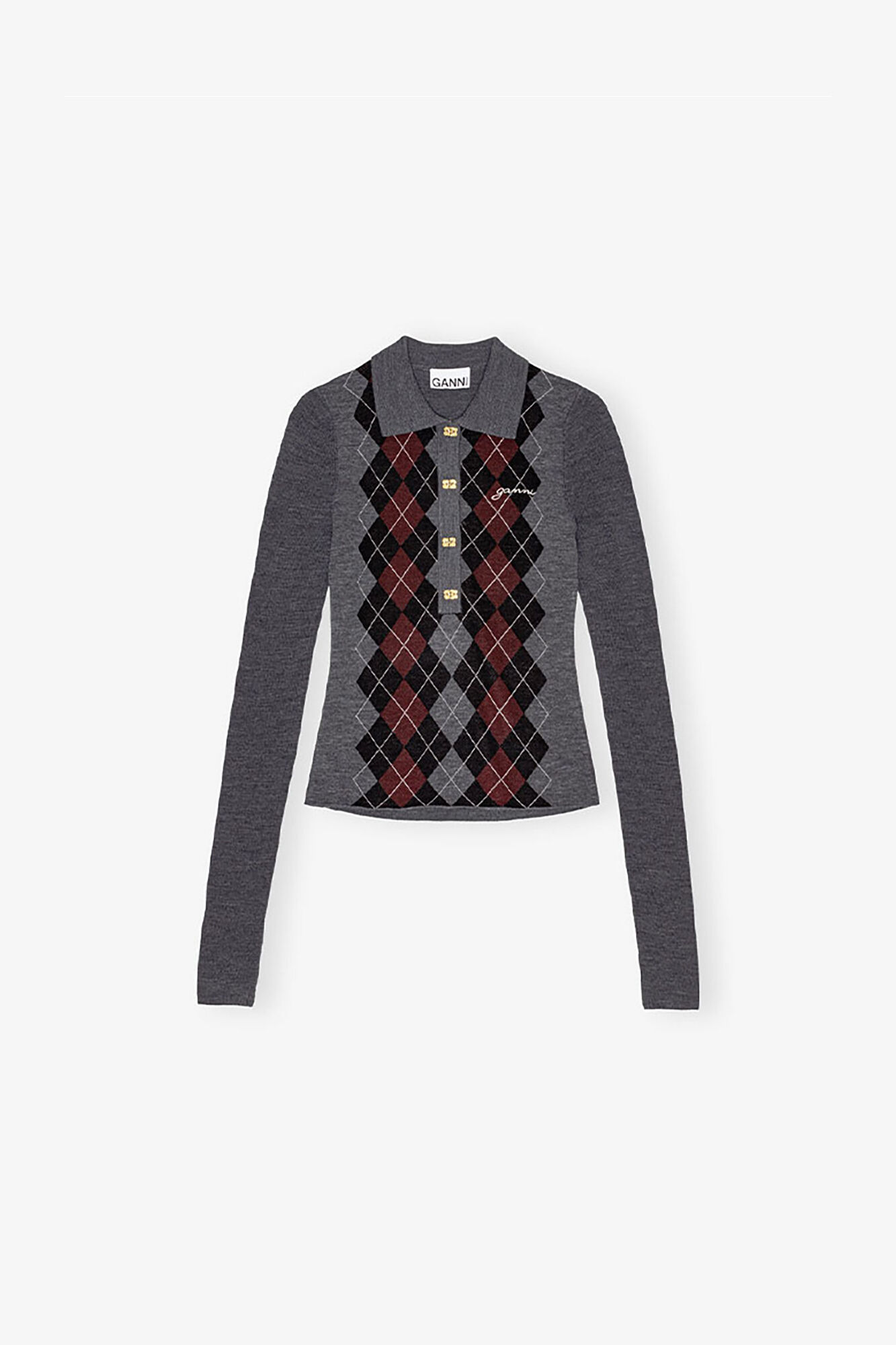 Grey Knitted Polo Shirt, Merino Wool, in colour Frost Gray - 1 - GANNI