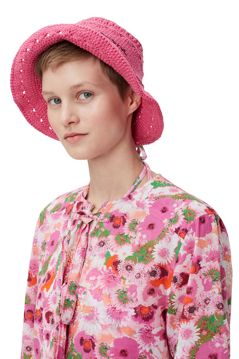 Crochet Bucket Hat, Cotton, in colour Shocking Pink - 2 - GANNI
