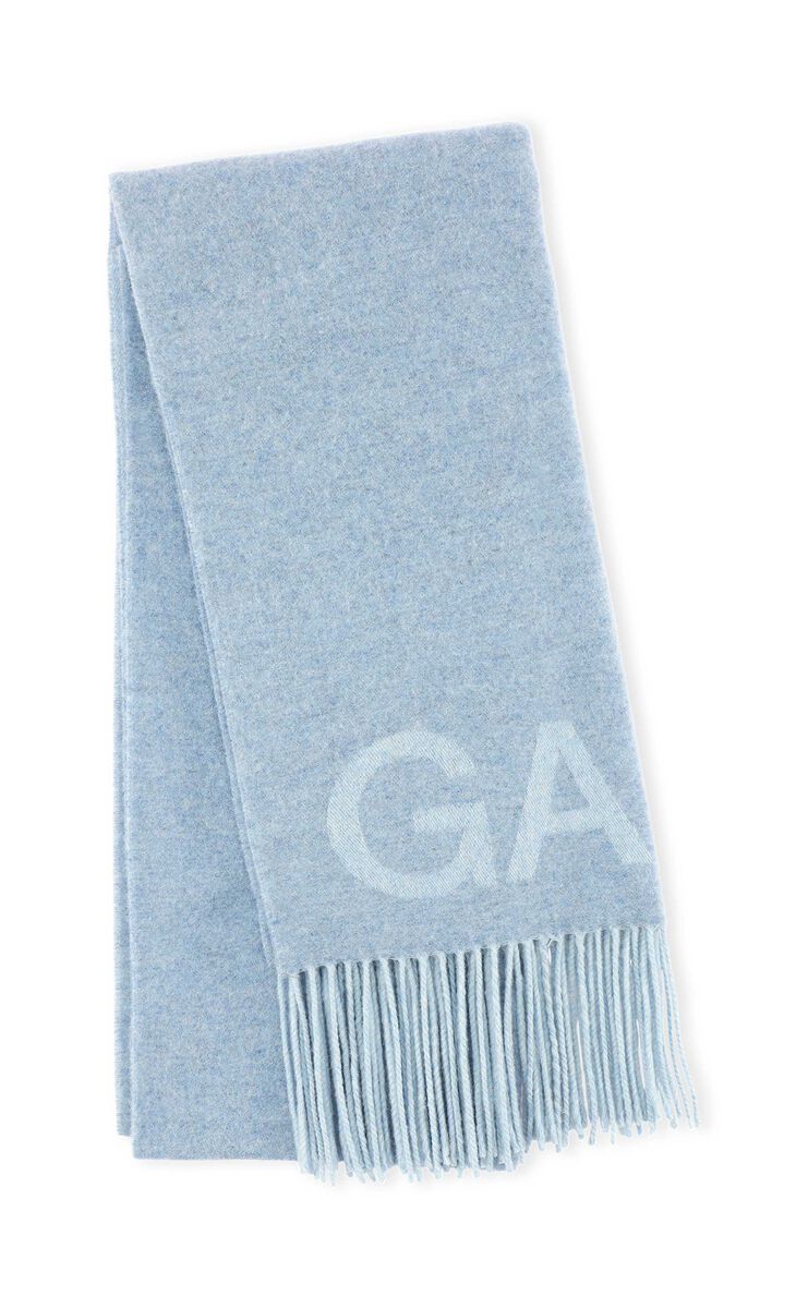 Wool Mix Fringed Wool Scarf, Recycled Wool, in colour Placid Blue - 1 - GANNI