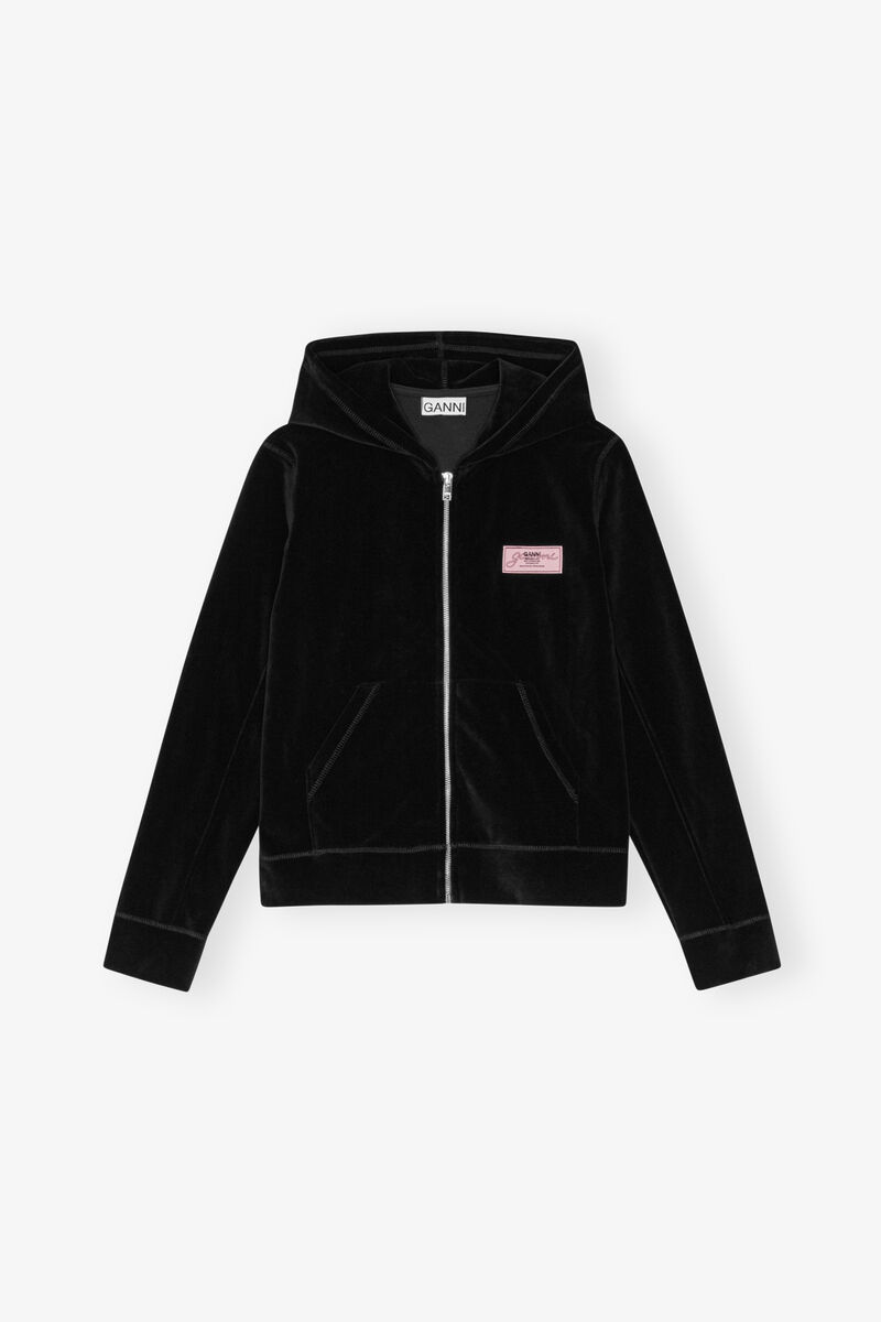 Heavy Velour Zip Hoodie, Organic Cotton, in colour Black - 1 - GANNI