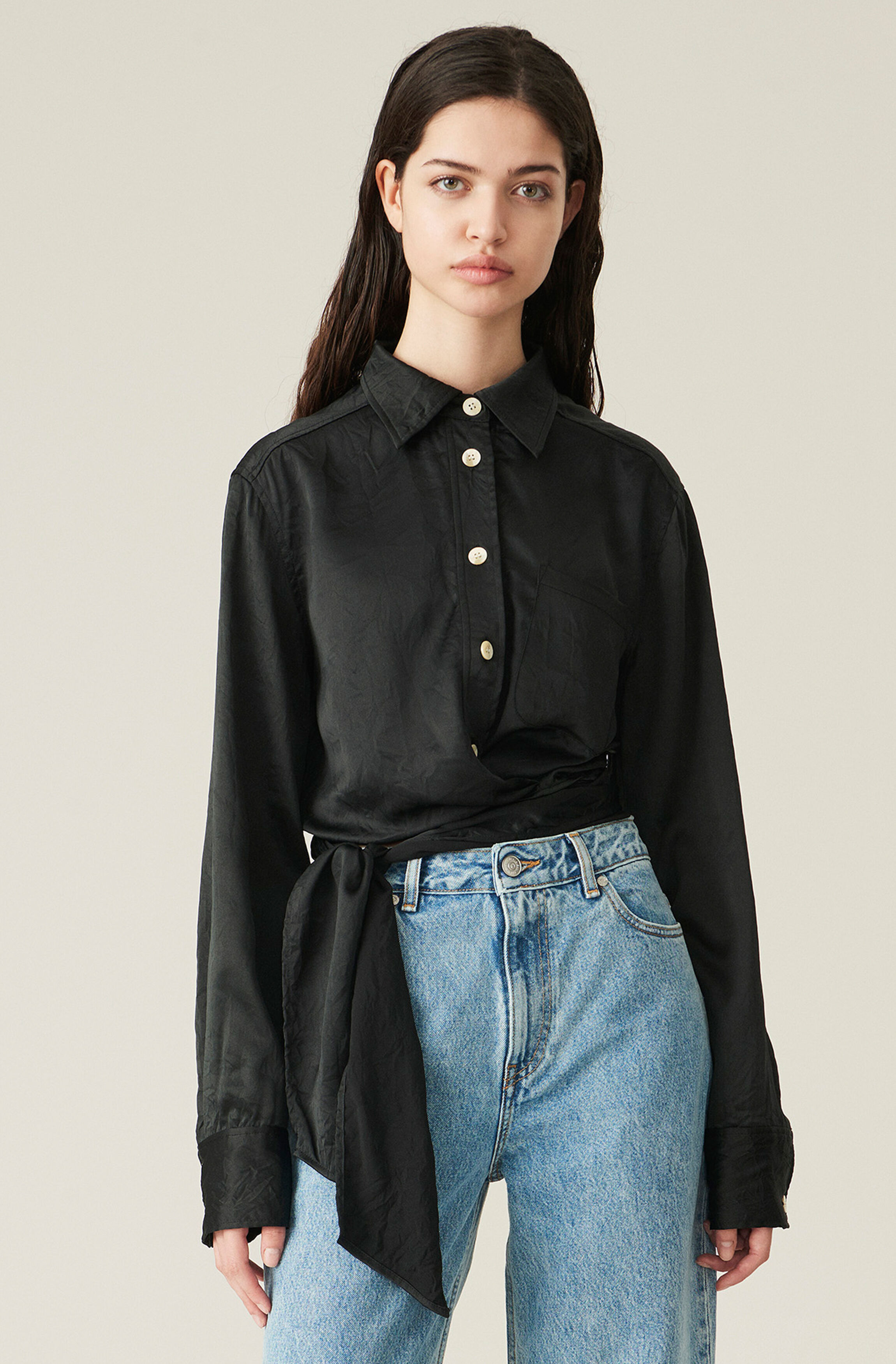 GANNI Crinkled Satin Wrap Shirt ( 1499 