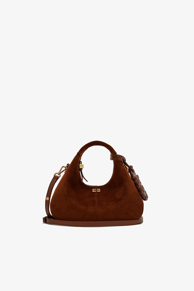 Mini Hobo Bag in Brown Corduroy, Tortoise Shell