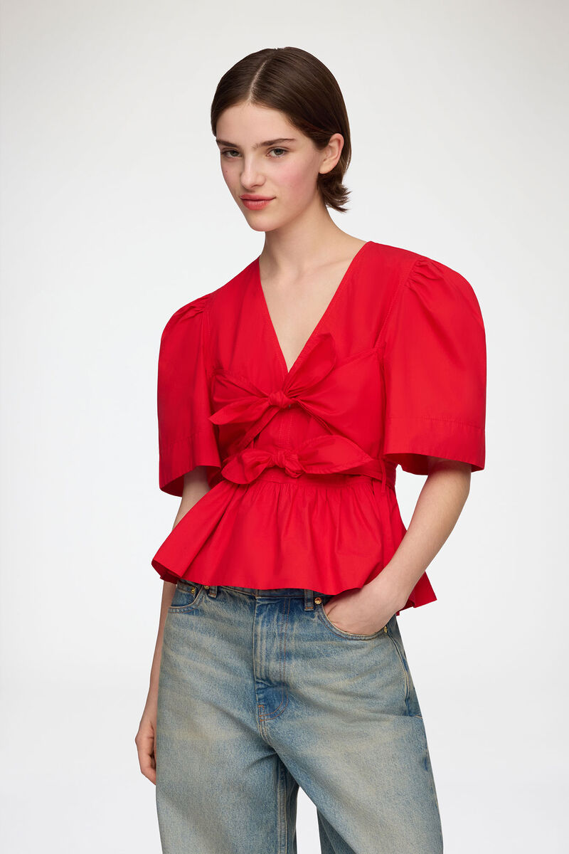 Blouse in Red Cotton, Organic Cotton, in colour Racing Red - 1 - GANNI